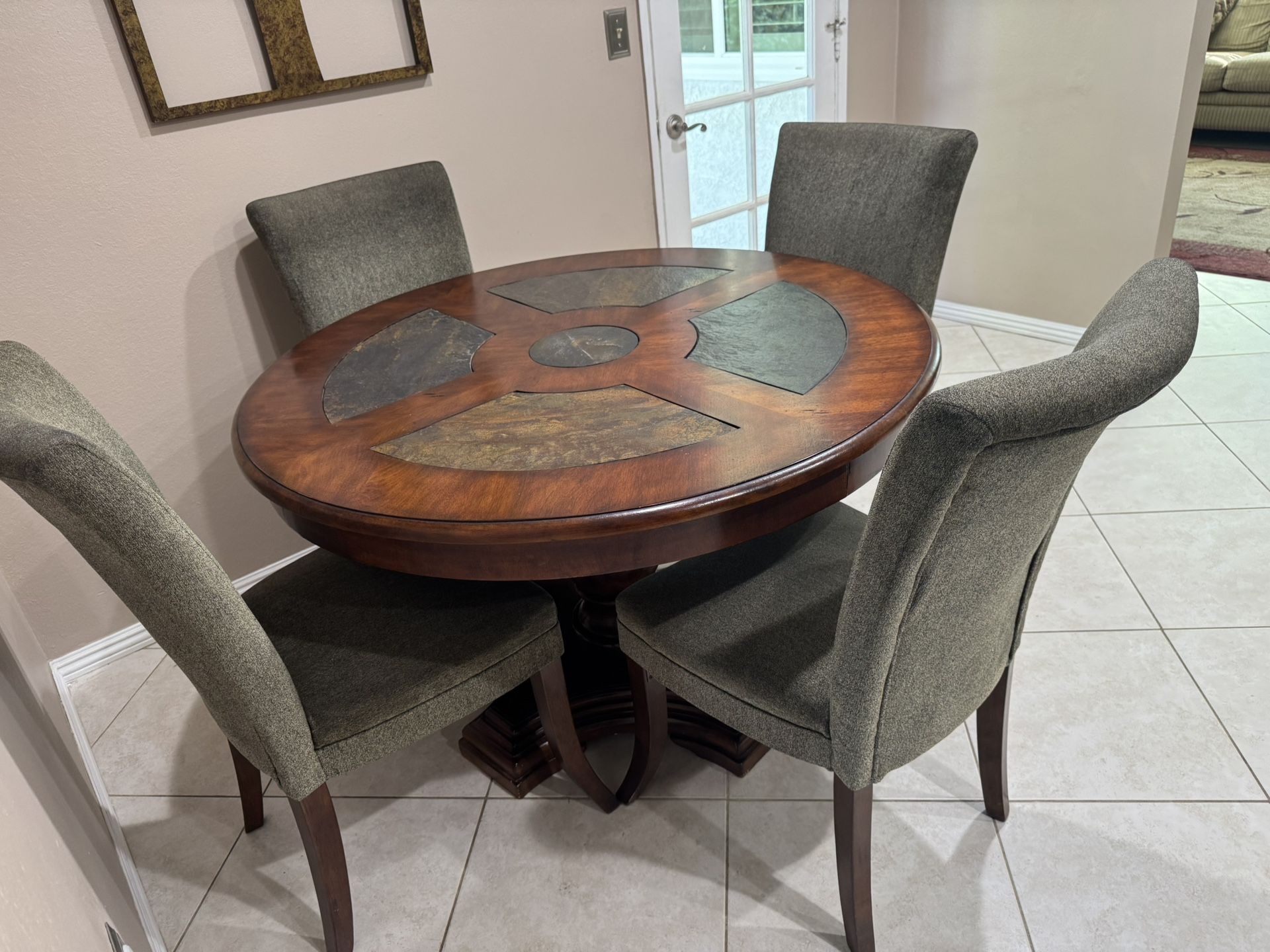 47” Round Kitchen Table With Slate Inserts (30 1/2” Tall) With 4 Cloth Green Chairs