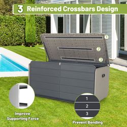 260 Gallon Plastic Deck Box, Large Patio Storage Box with Lock, Wheels & Waterproof Lid for Outdoor Cushions, Garden and Pool Supplies (Gray)