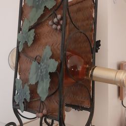 Metal Wicker Rattan 3 Wine Bottle Holder, Grapes And Leaves