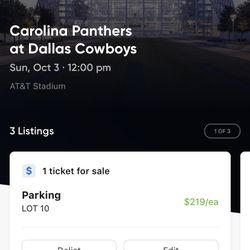 (1) Blue Lot 10 Parking Pass For Carolina Panthers @ Dallas Cowboys Tailgating!!