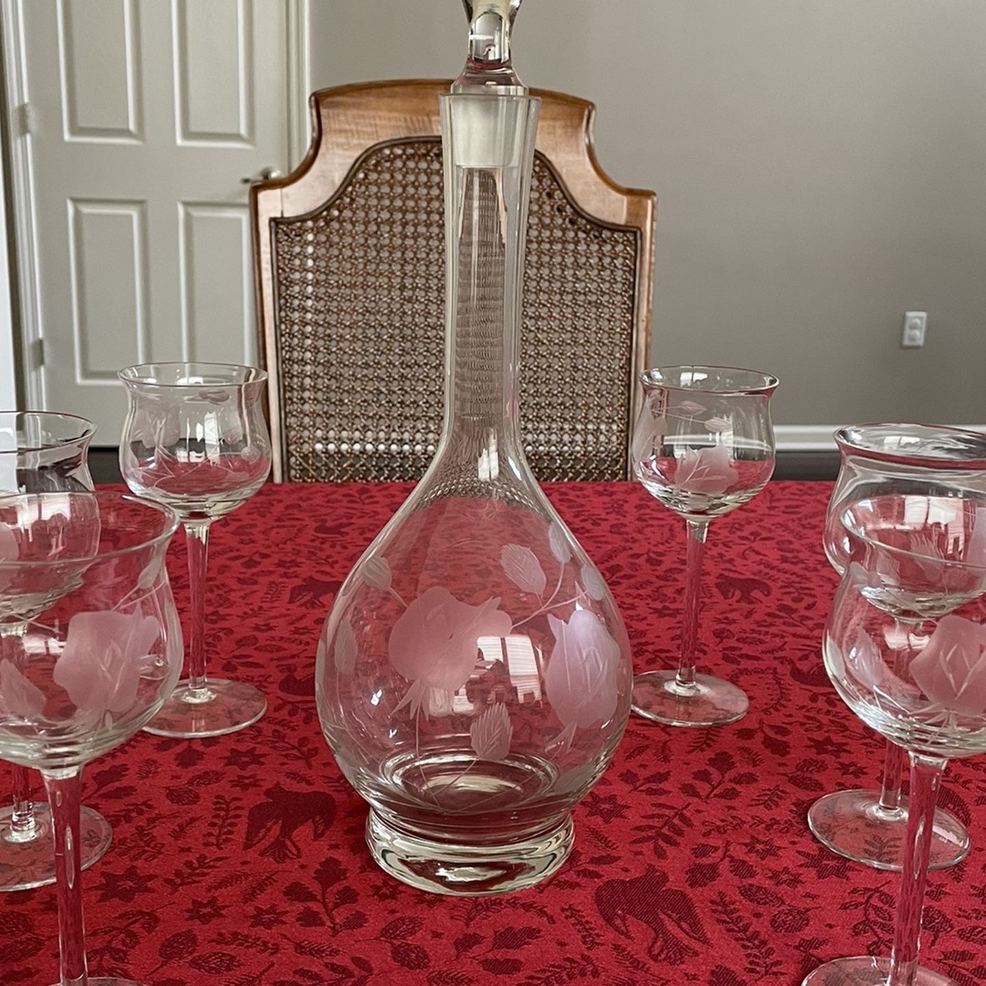 Flower Etched Wine Glasses With Carafe