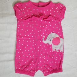 Carter’s Adorable Girls Pink & Gray Polka Dot Ruffle Elephant Romper/Jumper 0-3M