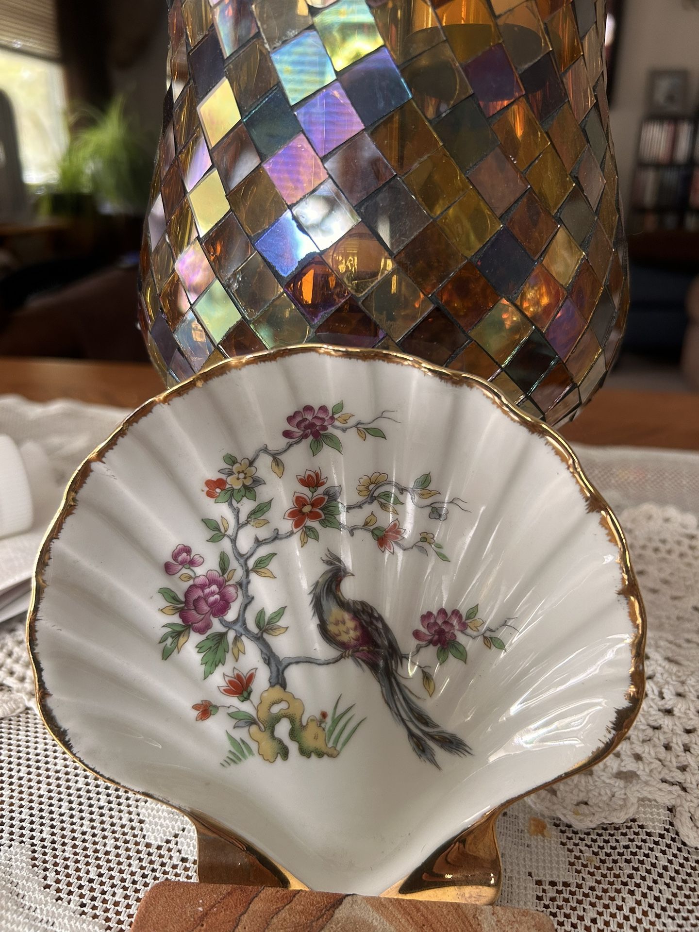 Vtg Limoges France Shell Shaped Small Dish Bowl Nuts Candy Phoenix Bird Tree