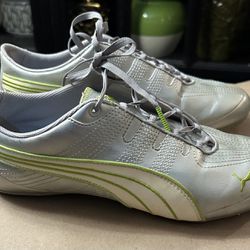 Ladies Size 8.5 Puma Silver And Green Shoes