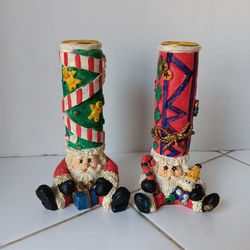 Vintage Christmas Set Of 2 Sitting Santa Candlestick Holders