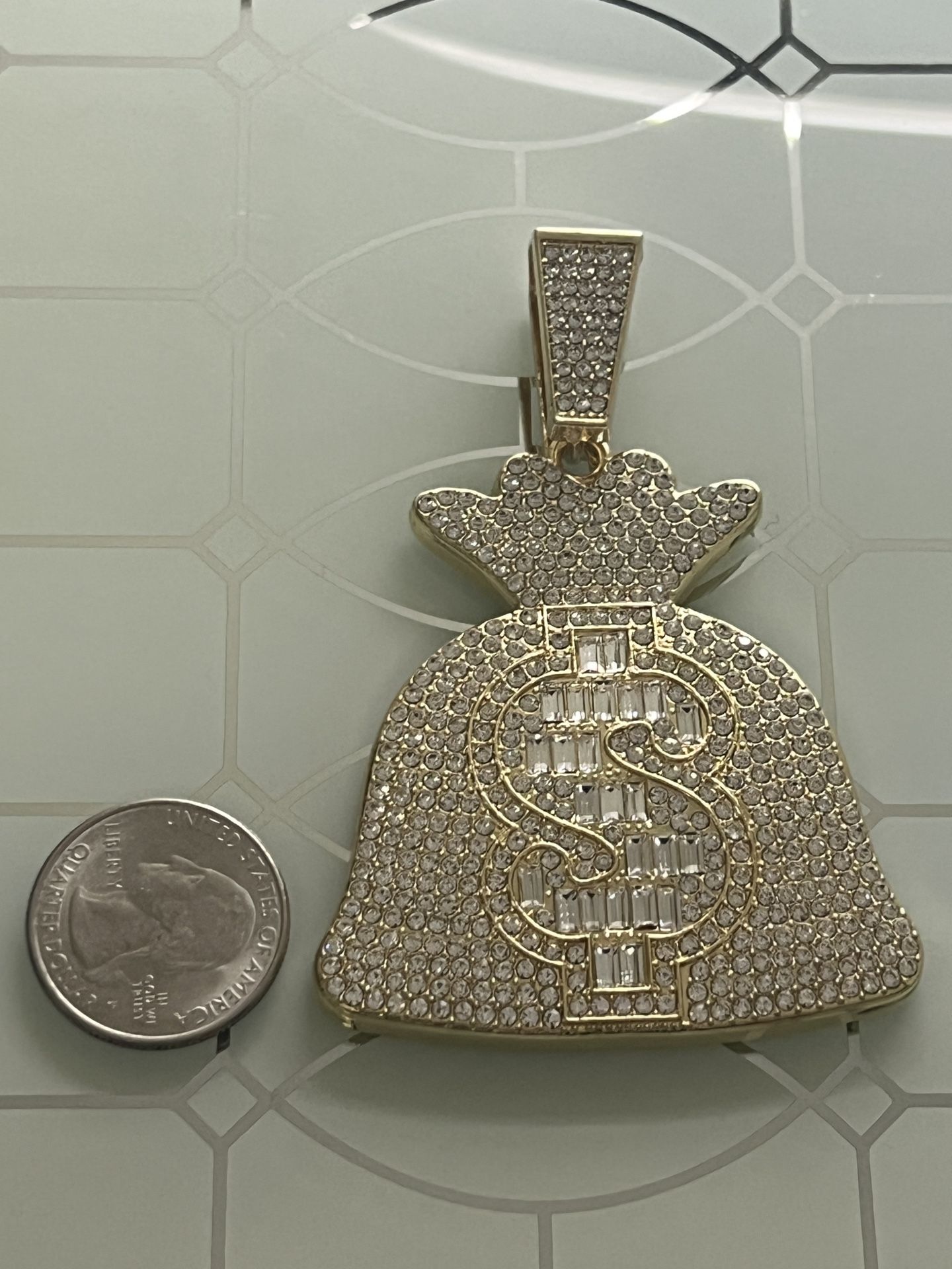 Money Bag Dollar Sign Gold Plated Pendant With Clear Rhinestones 3”