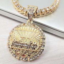 14k Gold Plated Last Supper CZ Pendant & Iced Tennis Chain Necklace. "Color Safe, Won't Turn Your Neck Green!" 