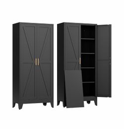 Brand new Study farmhouse style storage cabinet with gold handles, metal with adjustable shelves, and a lot of space inside. Great for any room in a n