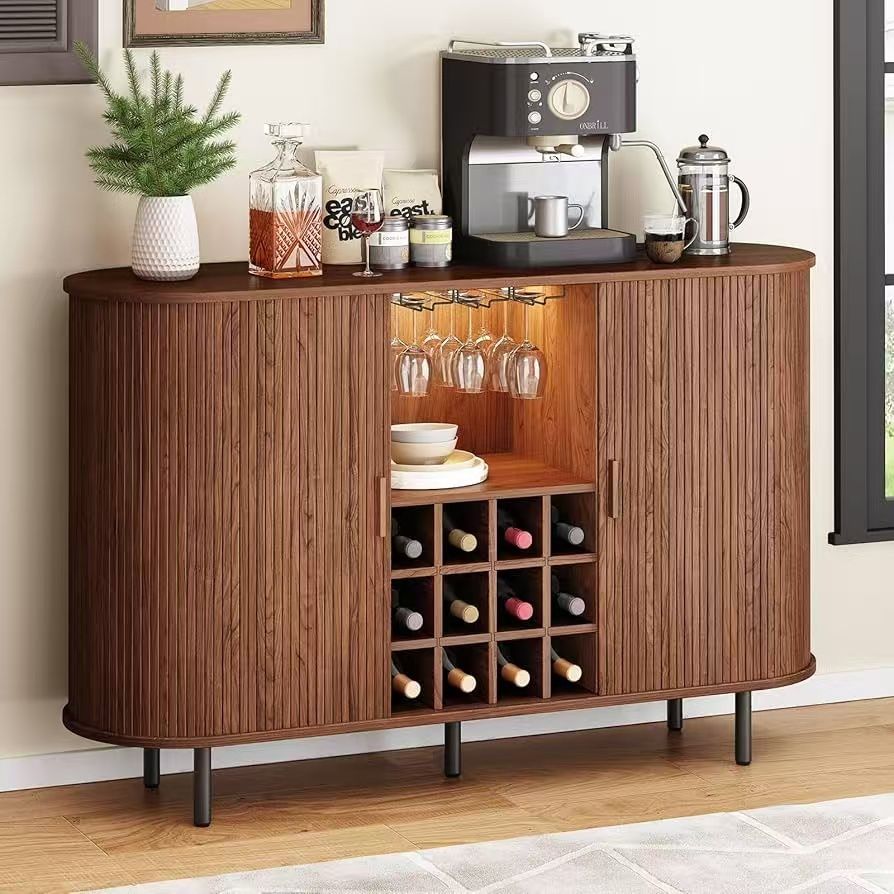 55-inch wine bar cabinet with LED light, modern whiskey coffee station with wine shelf and glass holder, farm buffet sideboard with room storage$190