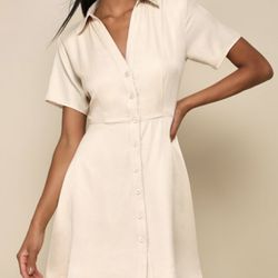  Beige Short Sleeve Button-Up Mini Dress