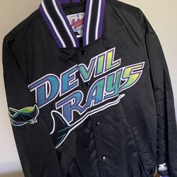 Vintage Tampa Bay Devil Rays Satin Bomber Jacket Size L Diamond MLB Baseball Men