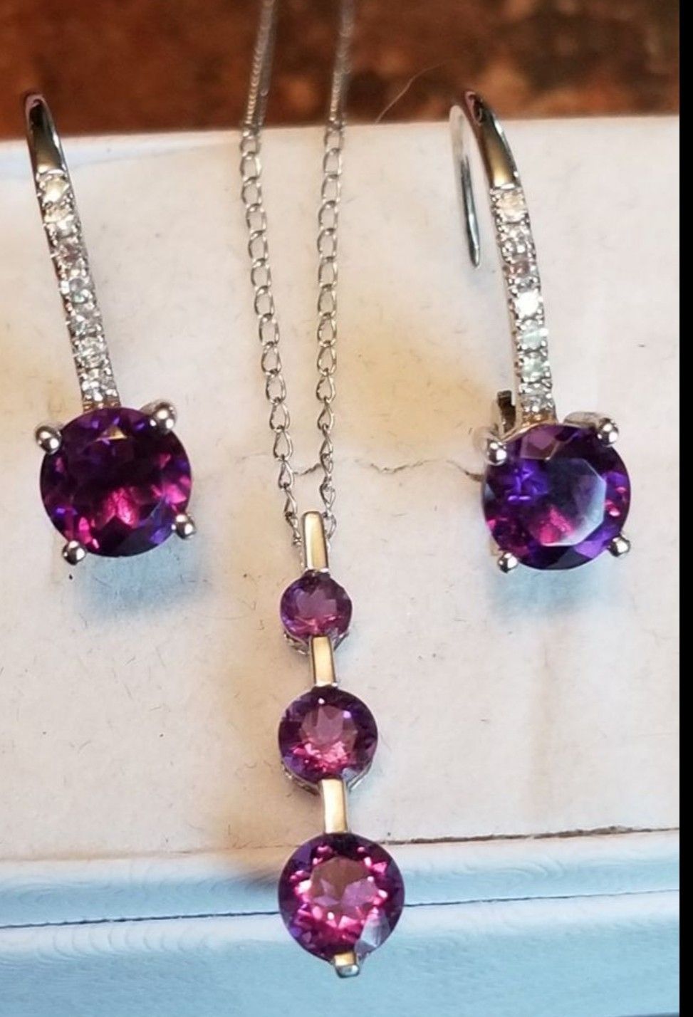 Stunning 14K white gold diamond and amethyst necklace and pierced earring gift set