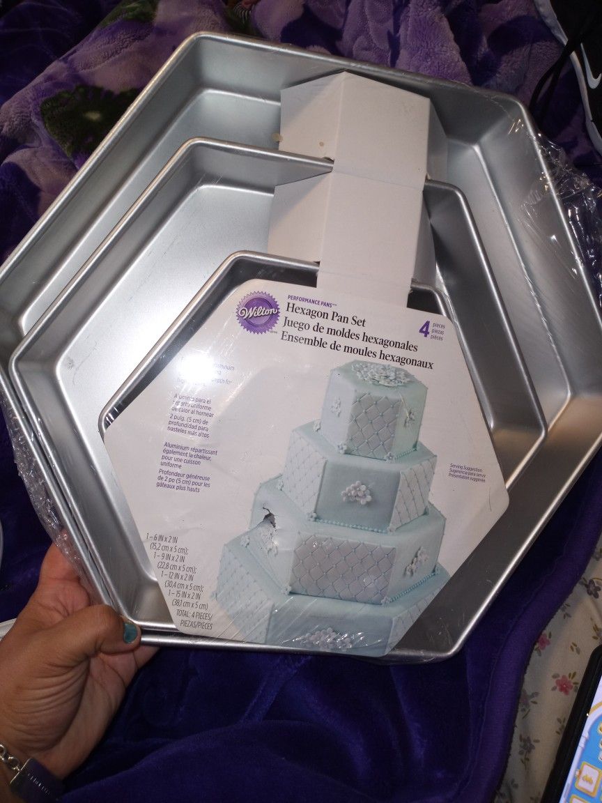 Wilson Hexagon Pan Baking Pan Set Three Tier Wedding Cake Birthday Bake A Cake Brand New Aluminum Set 3 Pc 
