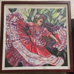 Framed Dancer Cross Stitch Needle Point Art 