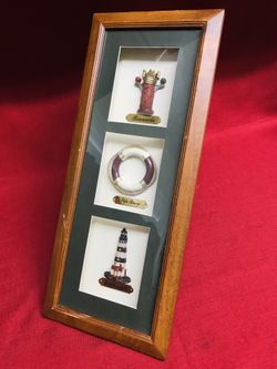 Vintage Antique Style Picture Wall Hanging Shadow Box Nautical Bodie Island Life Bouy Binnacle 7 1/2” x 18” x 1 1/2”