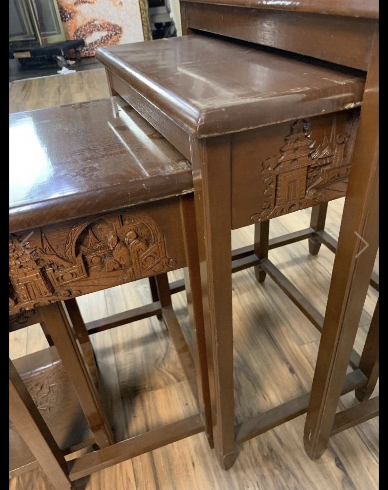 Antique MADE IN HONG KONG Carved Asian Nesting Tables 4 Pc George Zee size H 26" L 21" D15" Knicks and Scratches in Finish
