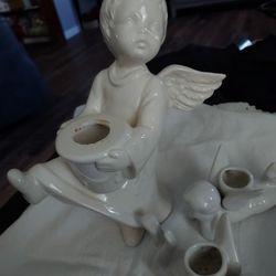 Vtg Ceramic Ivory Color Angel/Cherub & Pair Porcelain Angel Candle Holders