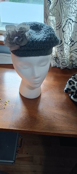 Grey Crochet Hat With Flower Pin