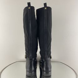 MICHAEL KORS Black Leather Gold Hardware Buckle Arley Knee High Riding Boots Thumbnail