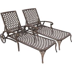 Grepatio Lounge Chairs for Outdoor, Patio Lounge Chaise Cast Aluminum Chairs with Cushion, Chaise Lounge Chair with Adjustable Backrest and Moveable W