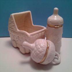 Ceramic Baby Embossed Crib Planter & Pacifier Bottle Hinged Trinket Box 