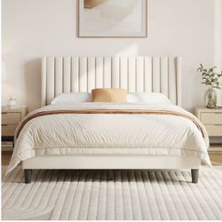 Queen Bed Frame Upholstered Platform Bed with Fabric Headboard, Wing Edge Design/Non-Slip and Noise-Free/Wooden Slats Support/No Box Spring Needed/Eas