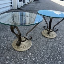$100 for both! Two Wrought Metal Faux Stone Round Glass Top Side Accent Tables! Great condition! 26in diameter 21in tall