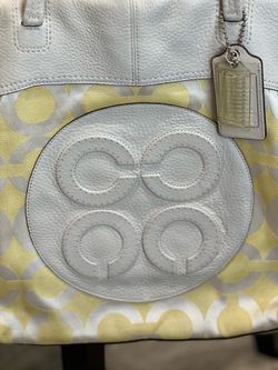 Coach Yellow White Logo Tote Bag Leather Trim Clasp Silver Hardware
