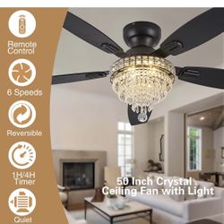 Crystal Ceiling Fan Fandelier with Lights-Ceiling Fans,50" Low Profile and Remote Control, Flush Mount, Reversible, Dimmable, Noiseless, Black Ceiling