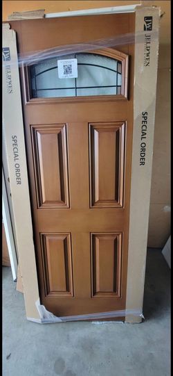 36 in. x 80 in. Camber Top Ballantyne Decorative Glass Mocha Fiberglass Front Door Slab