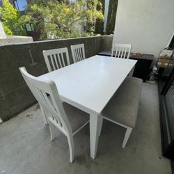 White Dining Table with 4 Chairs + Bench