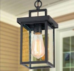 LNC 1-Light Black Square Outdoor Pendant Light for Patio Modern Outdoor Hanging Light with Seeded Glass Shade