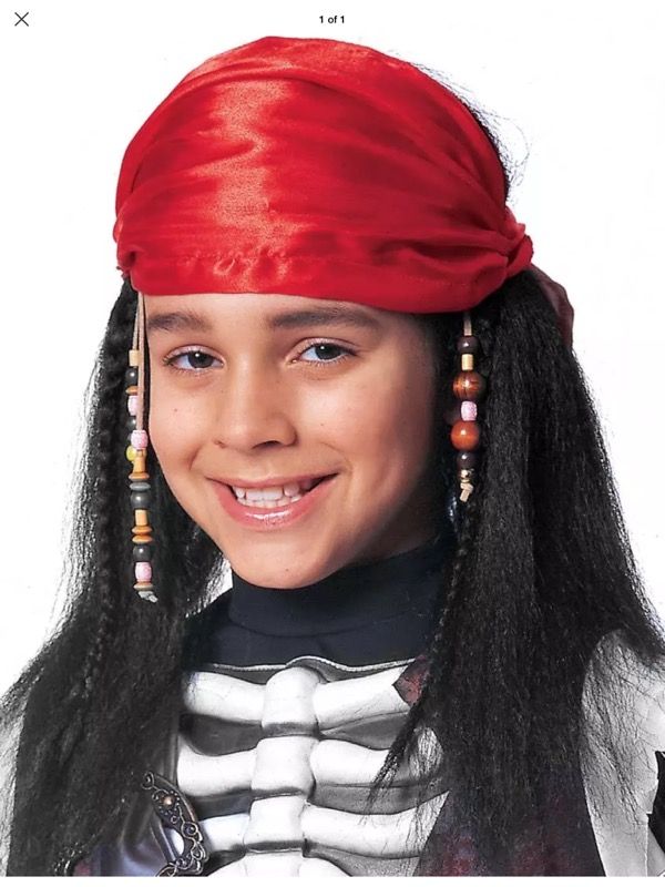 FRANCO Kids Childs Long Black Buccaneer Costume Pirate WIG w/ Scarf & Beads