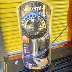 Waterpik Shower Head Chrome Finish With Power Pulse. 9 Spray Settings. Therapeutic Strength Massage. Retail $49.98 Plus Tax= Approximately $54.98