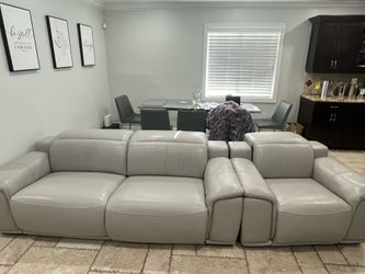 Gray Leather Power Reclining Sofa & Armchair Set