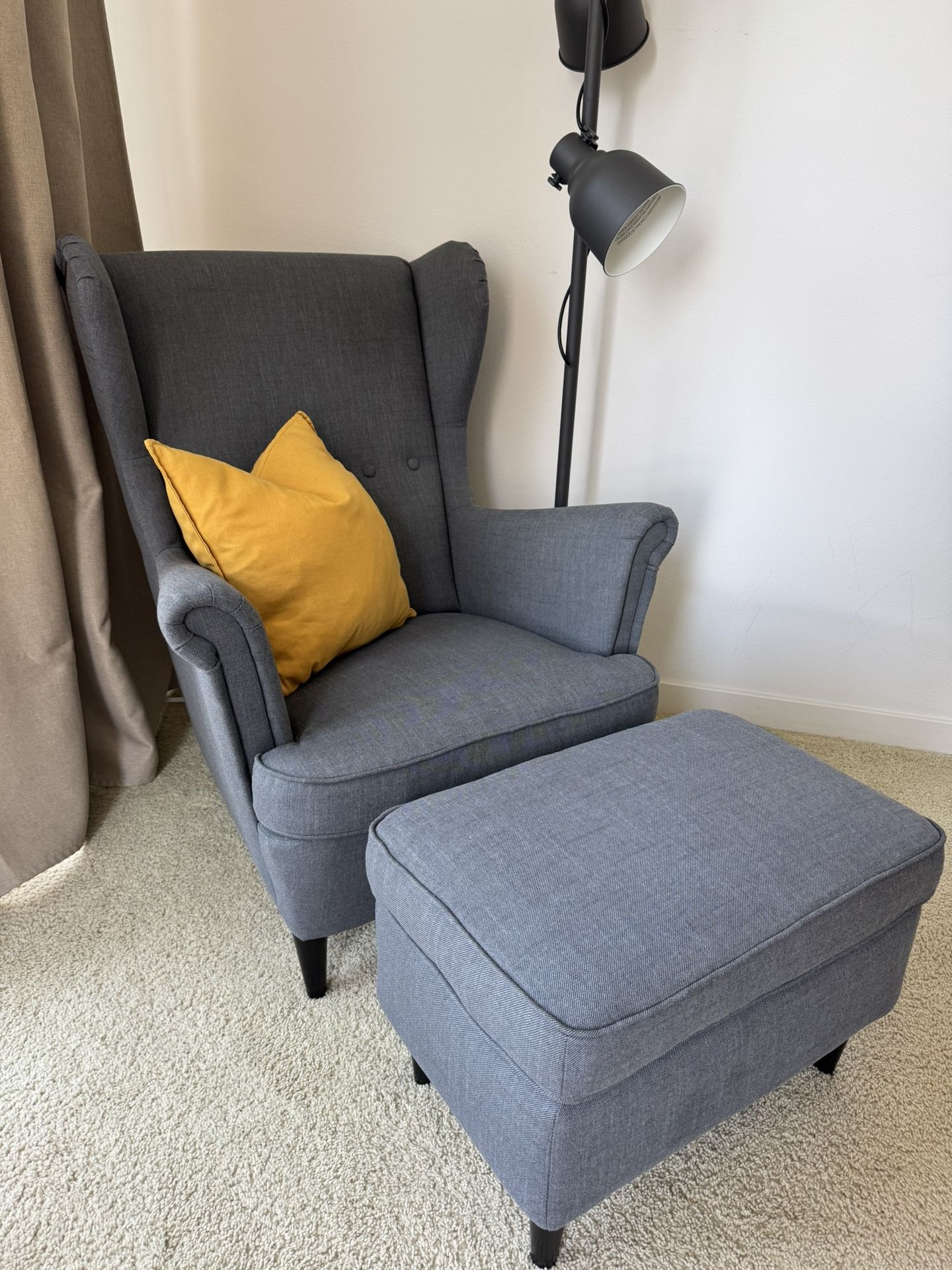 IKEA STRANDMON Armchair + Ottoman – Dark Gray – Excellent Condition ($399 New)