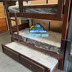 Triple Twin Brown Bunk Bed With Mattresses Included