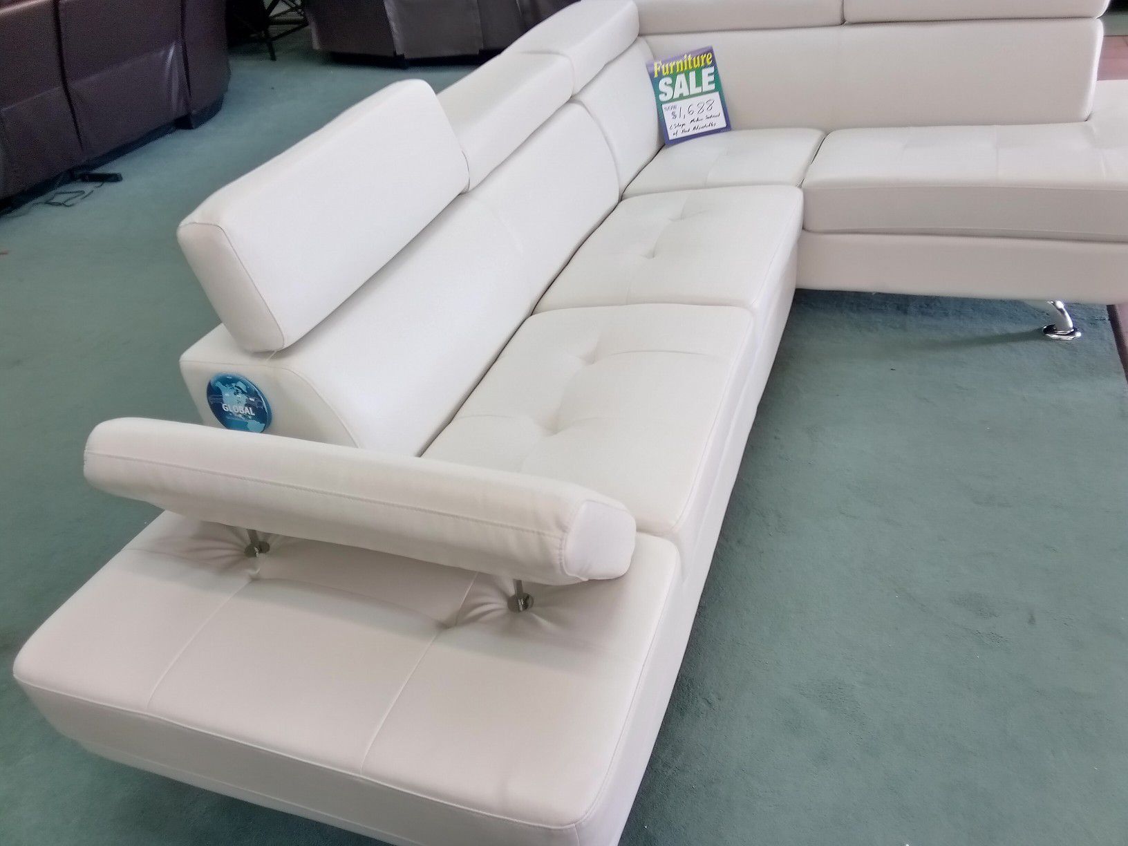 White Faux leather modern Lshape sectional with head adjustables