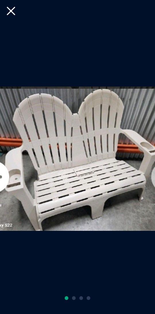 (NEW) StyleWell 54 in. Putty Beige Plastic 2-Person Outdoor Adirondack Bench with Phone and Cup Holders read description 1st b4 you hmu