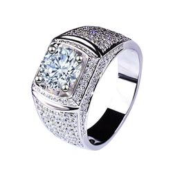 Radiant and dazzling, imposing and luxurious, full of diamonds - imitation sapphire men's ring. Men's model, 18K white gold plated, 3 carats, enchanti