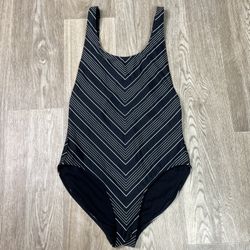 Athleta One Piece High Leg Black Chevron Bathing Suit 34B 34C