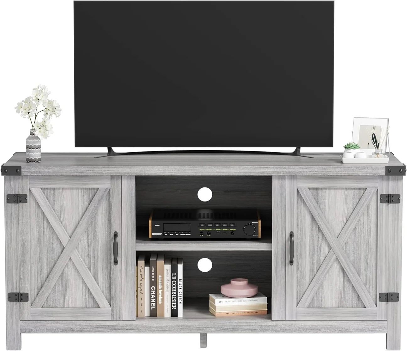 New TV Stand for 65 Inch TV Farmhouse Entertainment Center with Double Barn Doors and Storage Cabinets, Console TV Table Media for Living Room, Bedroo