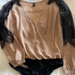 WINDSOR , Women’s Tan/Black With Lace Long Sleeve Bodysuit, Size L *View Photos*