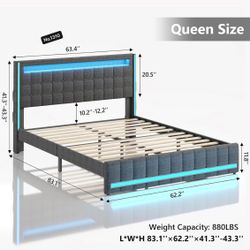 Queen LED Bed Frame with USB Charging Station, Upholstered Platform Queen Size Bed Frame with LED Lights Headboard Footboard, Heavy Duty Metal Slats, 