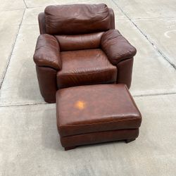 LaZboy Overstuffed Brown Leather Chair And Ottoman 