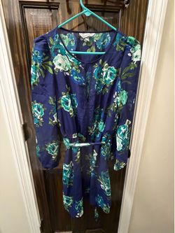 Navy Floral Button-Front Dress with Belt