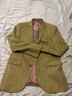 Moon Men’s Green Plaid Tweed Wool Sport Coat Blazer 38 Regular 2-Button