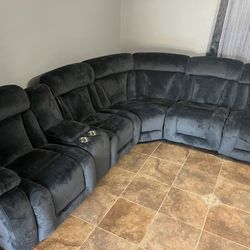 New Reclining Sectional.  124”x111”x40”H.  Dark Grey/Dark Brown/Tan.  Free Delivery!