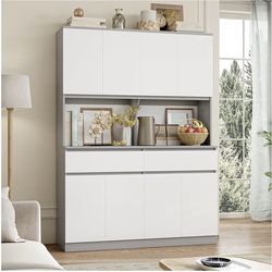 White & Gray Kitchen Pantry Cabinet with LED Lights