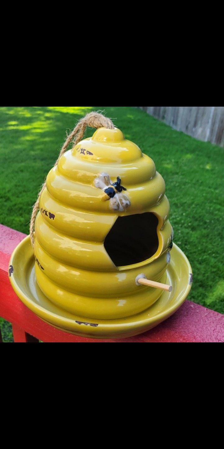 Yellow Ceramic Garden Beehive Birdhouse